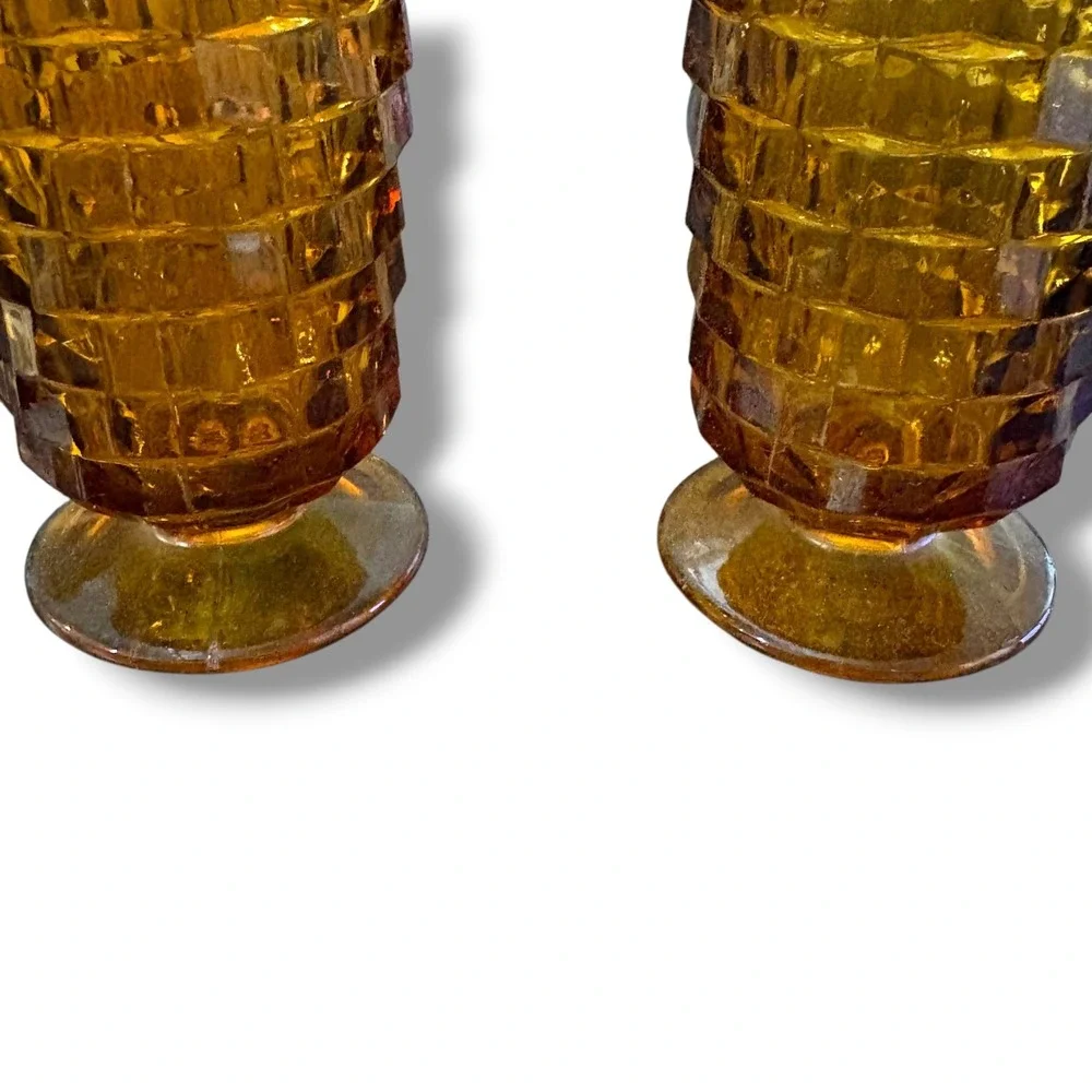 Vintage Amber Glass Footed Tumblers Set of 2‎ Diamond Point Waffle 6 in MCM
